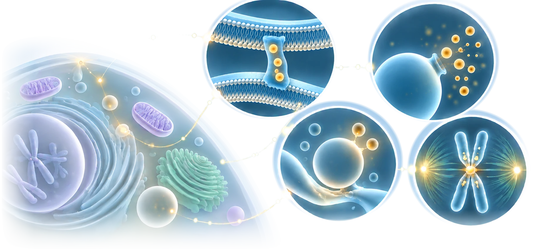 Translucent cell and four molecular views of lipid transport, membrane turnover, vesicles and chromosome segregation